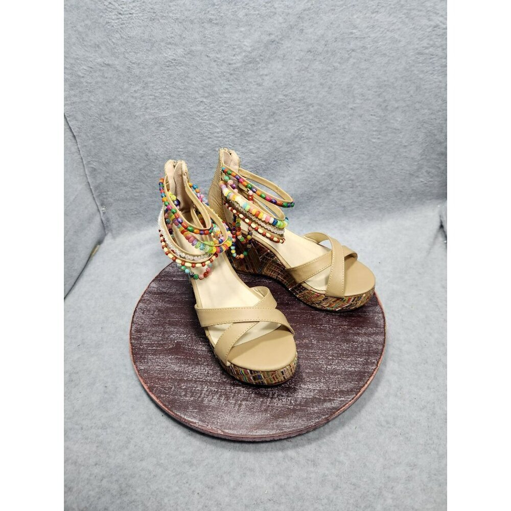 Beaded Multicolor Wedge Sandals With Ankle Straps‎ & Zipper Closure